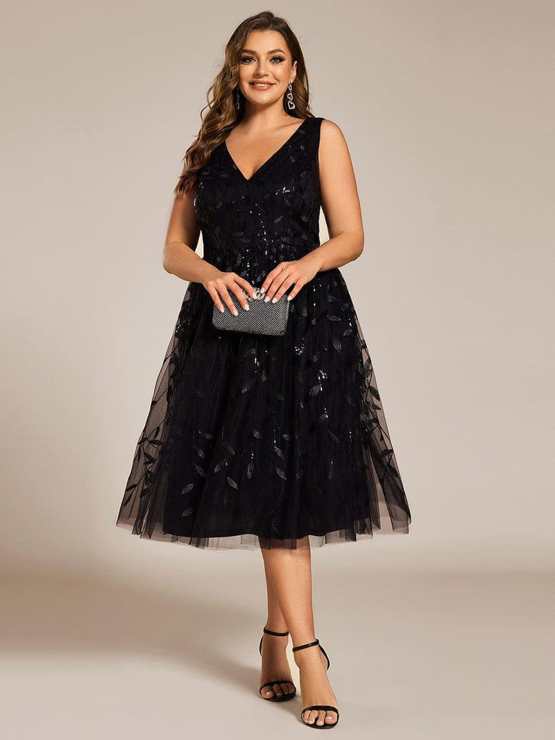 pretty ROUX|Plus Size Sleeveless Leaf Sequin A-Line Midi Wedding Guest Dress