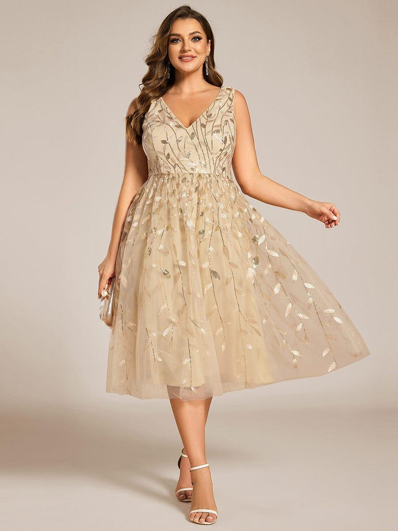 pretty ROUX|Plus Size Sleeveless Leaf Sequin A-Line Midi Wedding Guest Dress