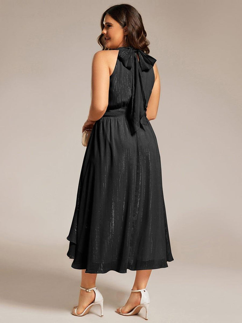 pretty ZOYA|Plus Size Glittery Sleeveless Halter Neck Midi Wedding Guest Dress