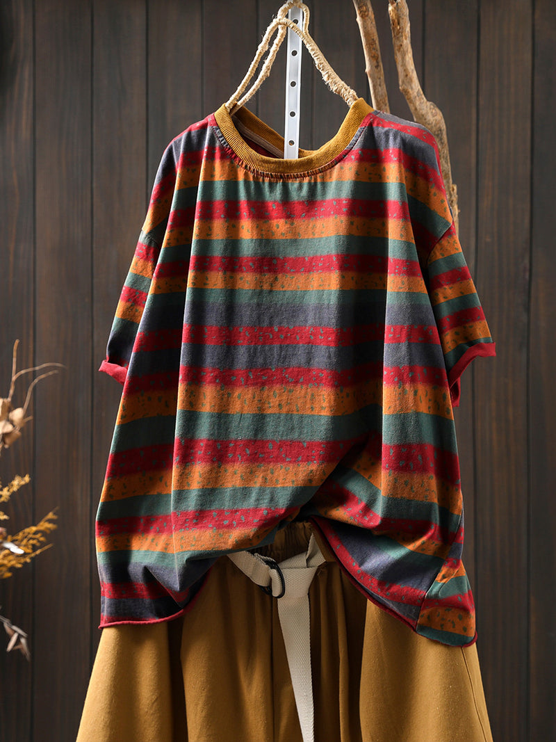 Plus Size Women Summer Retro Colorblock Stripe O-Neck Cotton Shirt