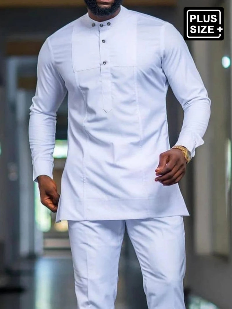 Plus Size White Long Sleeve Men's Set