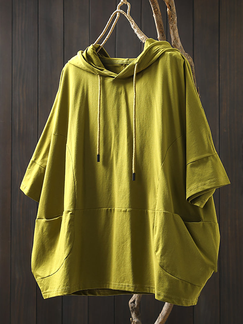 Plus Size Women Summer Casual Pure Color Hooded 100%Cotton Shirt