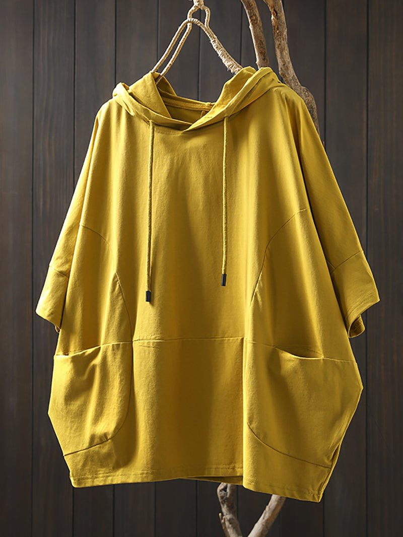 Plus Size Women Summer Casual Pure Color Hooded 100%Cotton Shirt