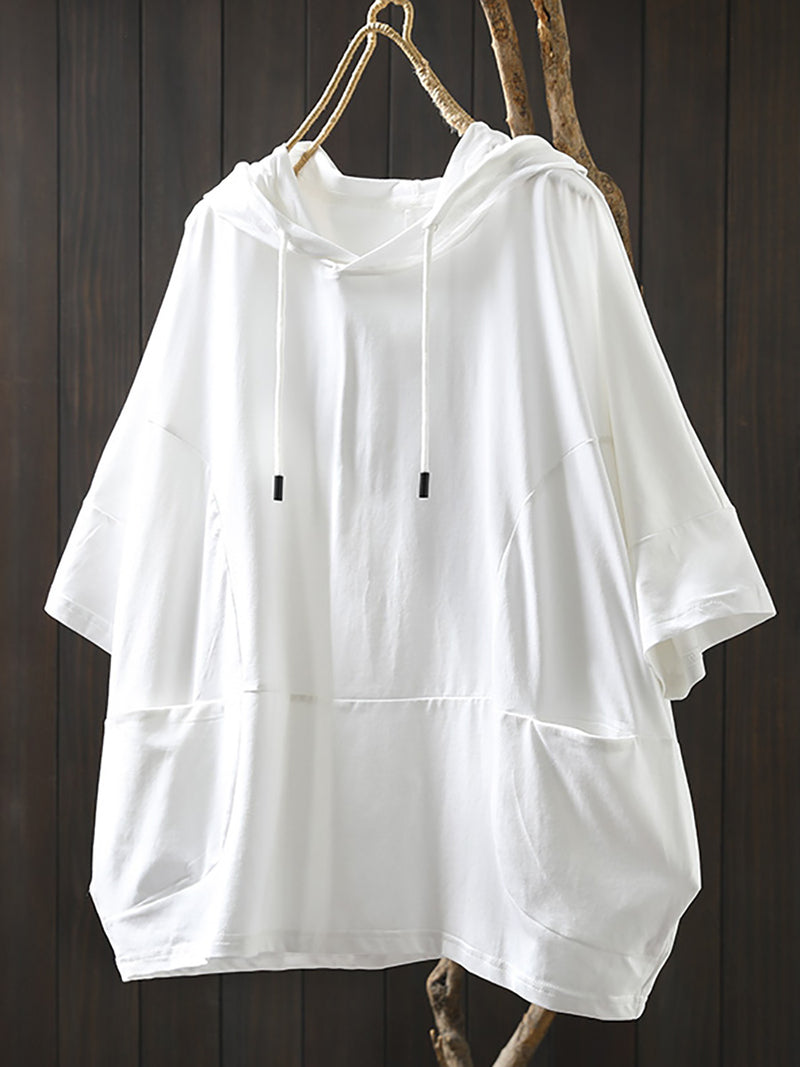 Plus Size Women Summer Casual Pure Color Hooded 100%Cotton Shirt
