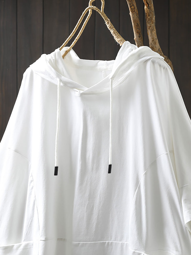 Plus Size Women Summer Casual Pure Color Hooded 100%Cotton Shirt