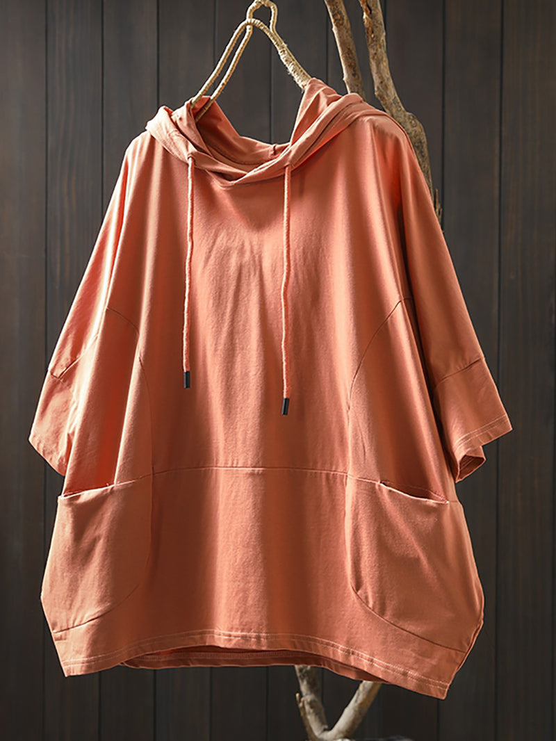 Plus Size Women Summer Casual Pure Color Hooded 100%Cotton Shirt