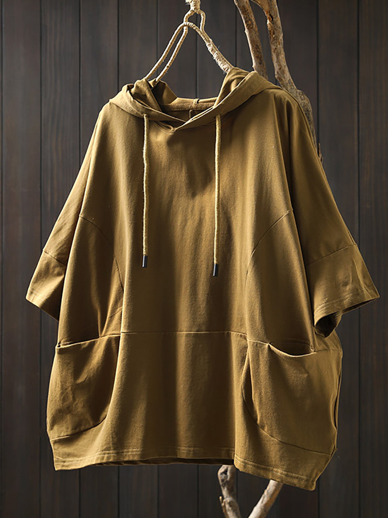 Plus Size Women Summer Casual Pure Color Hooded 100%Cotton Shirt