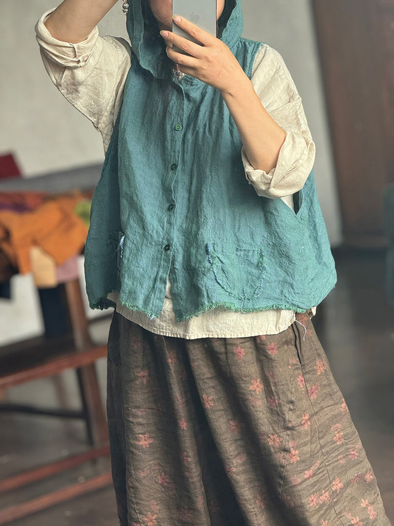 Plus Size Women Summer Vintage Pure Color Hooded Vest