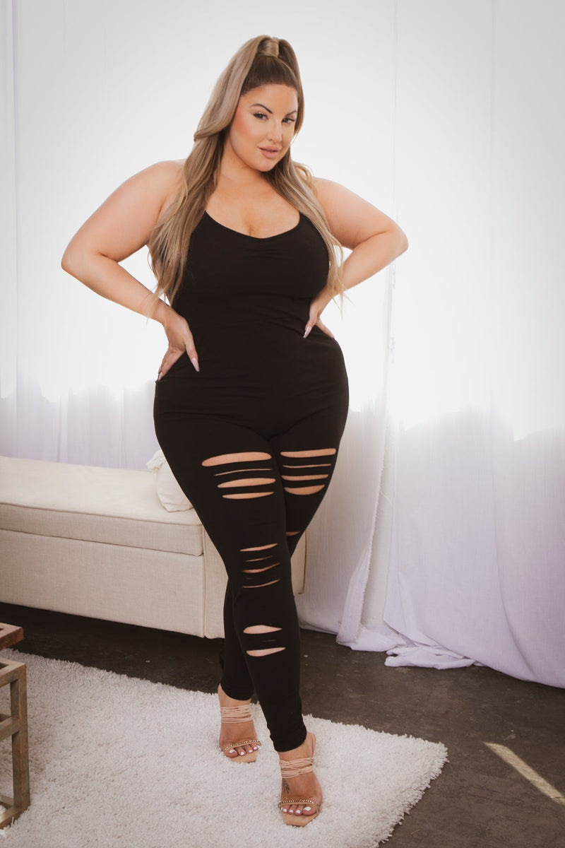 Plus Size Lola 2.0 Destroyed  Jumpsuit - Black