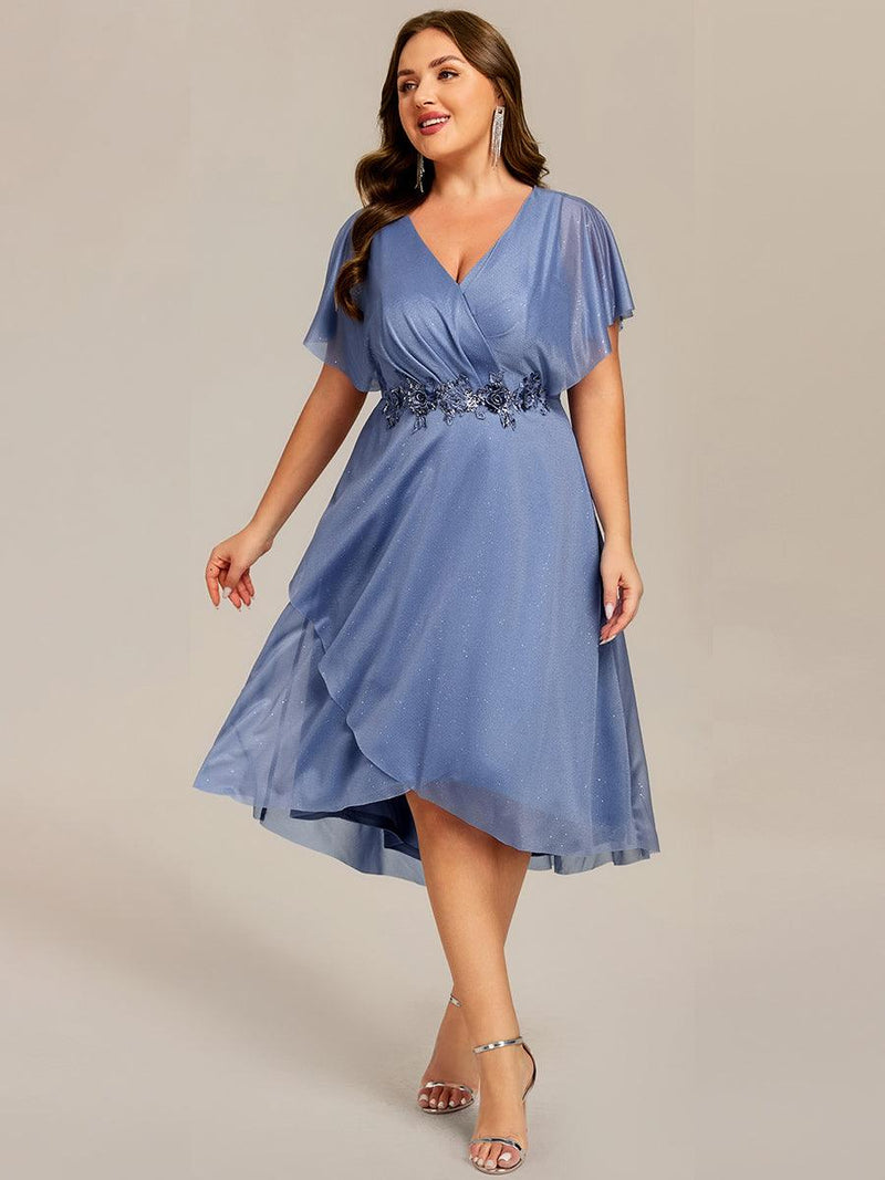 pretty DANNA|Plus Size Short Sleeve Asymmetrical Hem V-Neck Applique Wedding Guest Dress