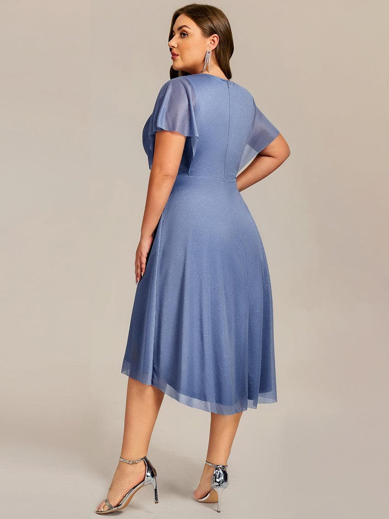pretty DANNA|Plus Size Short Sleeve Asymmetrical Hem V-Neck Applique Wedding Guest Dress