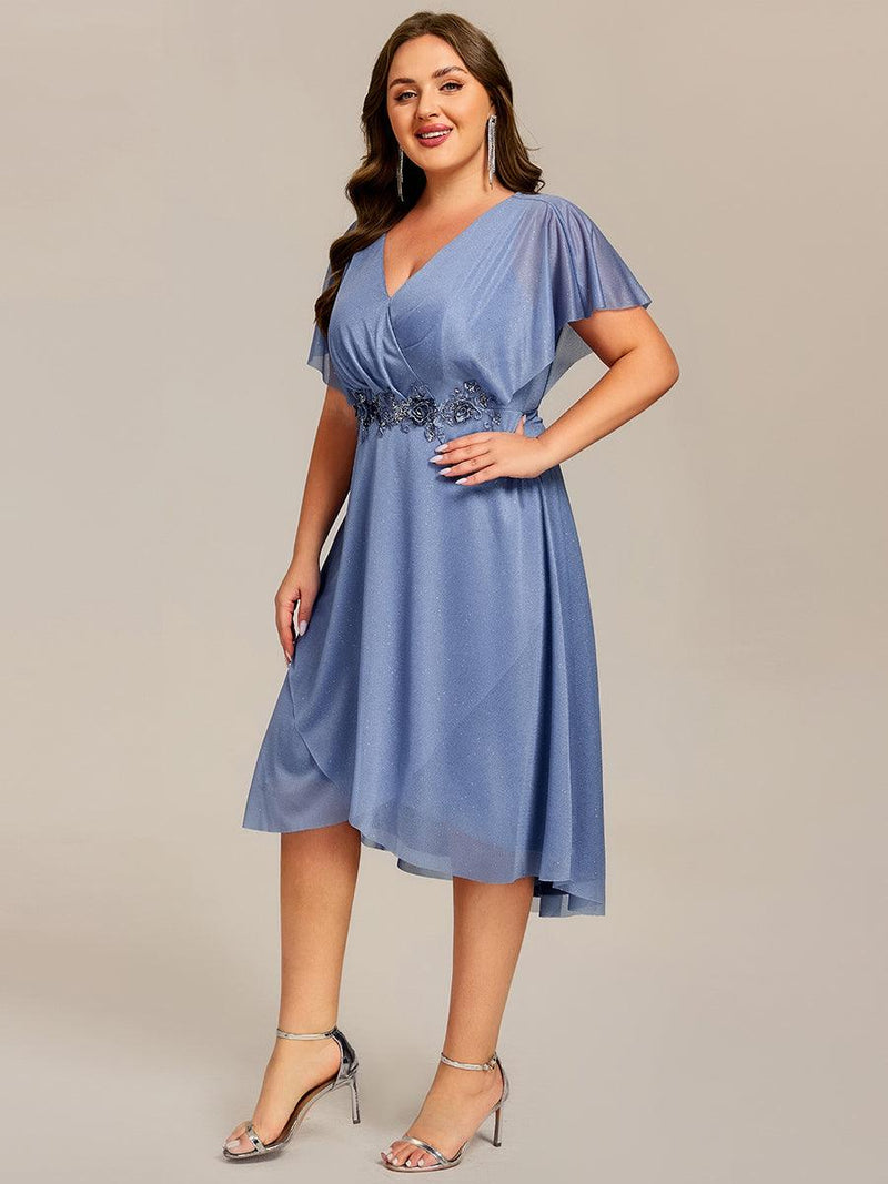 pretty DANNA|Plus Size Short Sleeve Asymmetrical Hem V-Neck Applique Wedding Guest Dress