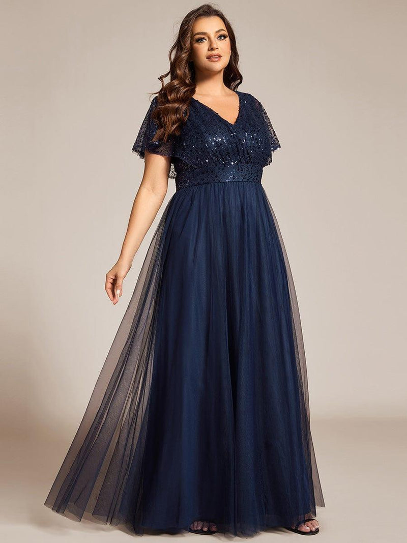 pretty NAVEYA|Plus Size A-Line Short Sleeve Tulle Evening Dress with Sequin Details