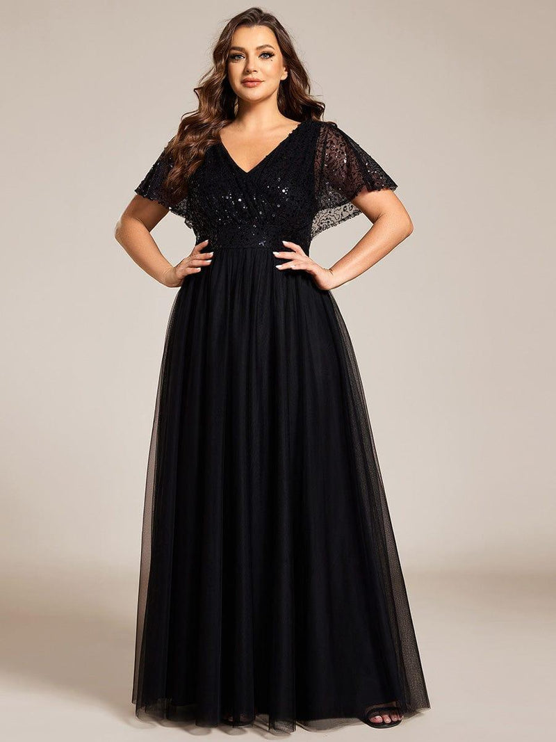 pretty NAVEYA|Plus Size A-Line Short Sleeve Tulle Evening Dress with Sequin Details