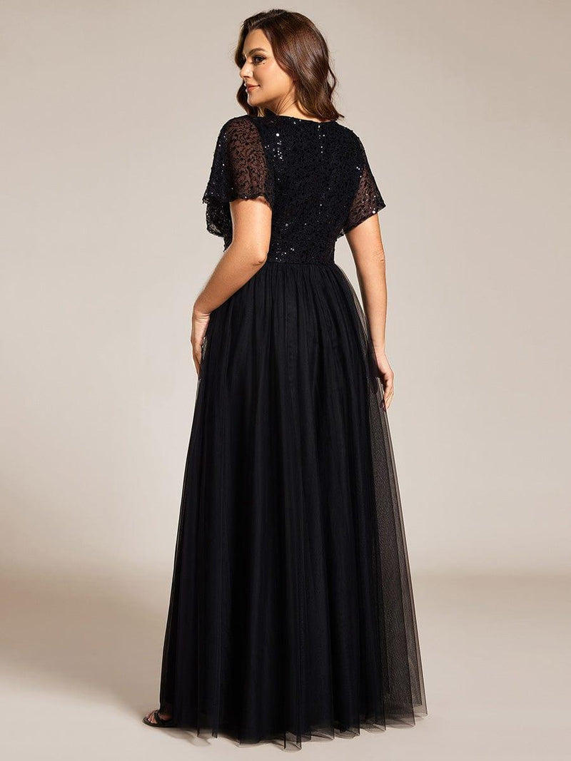 pretty NAVEYA|Plus Size A-Line Short Sleeve Tulle Evening Dress with Sequin Details