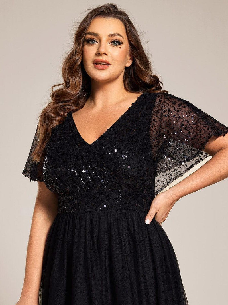 pretty NAVEYA|Plus Size A-Line Short Sleeve Tulle Evening Dress with Sequin Details