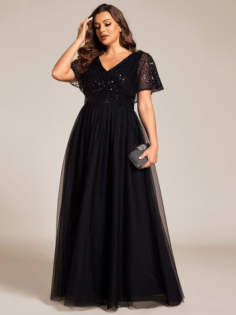 pretty NAVEYA|Plus Size A-Line Short Sleeve Tulle Evening Dress with Sequin Details