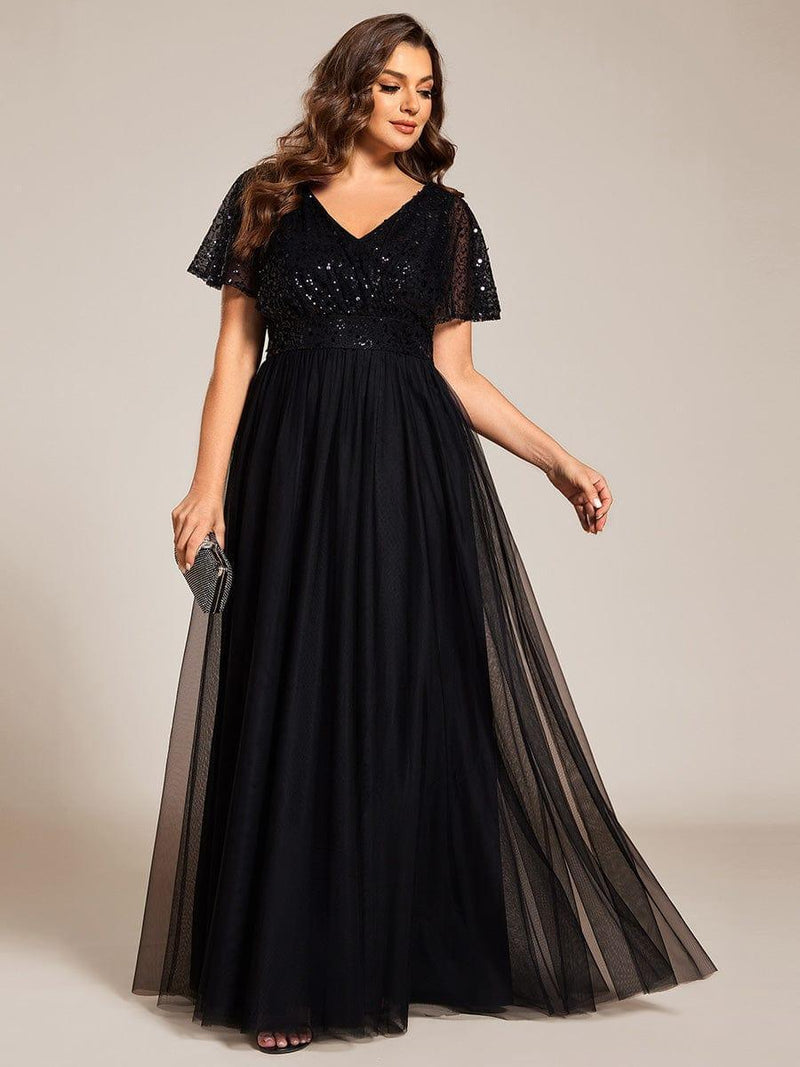 pretty NAVEYA|Plus Size A-Line Short Sleeve Tulle Evening Dress with Sequin Details