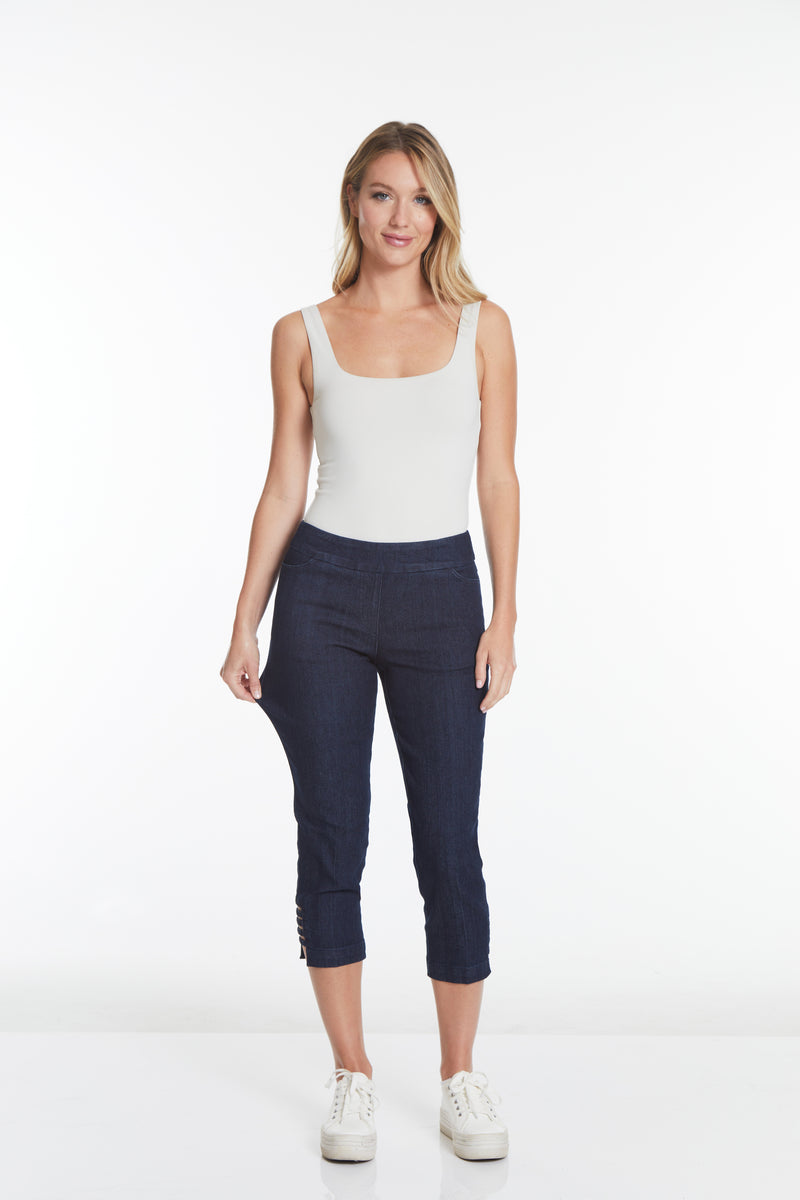 Plus Size Denim Crop Pants with Pockets & Strap Hem Vents