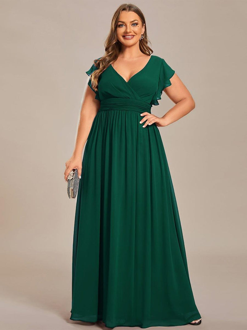 pretty LILYANA|Plus Size V-Neck Open Back Ruffled Sleeves Chiffon Bridesmaid Dress