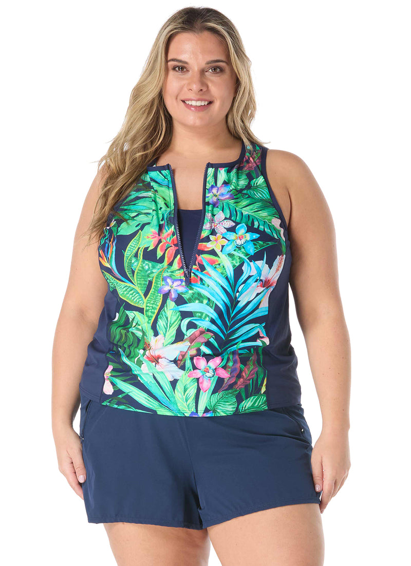 Beach House Women's Plus Size Tropic Paradise Racer Zip Front Tankini Top