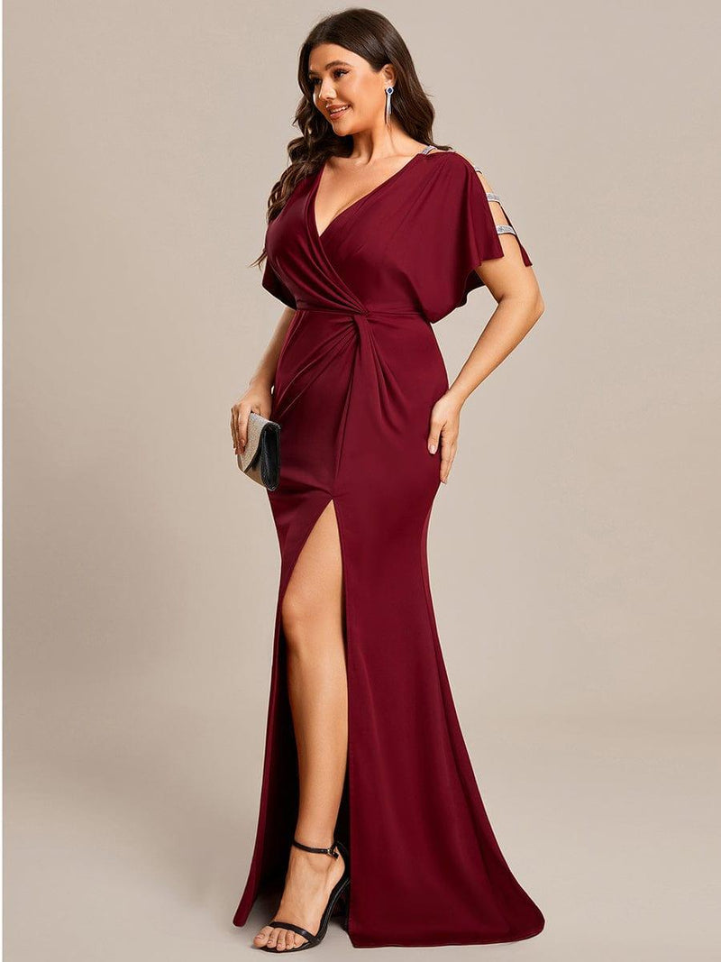 pretty LYN|Plus Size Sequin Sleeve High Split Evening Dress with Pleated(Final Sale)