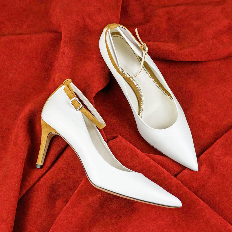 Women's Florence Pointed Toe Leather Heels Wide Plus Size Pure White 4781