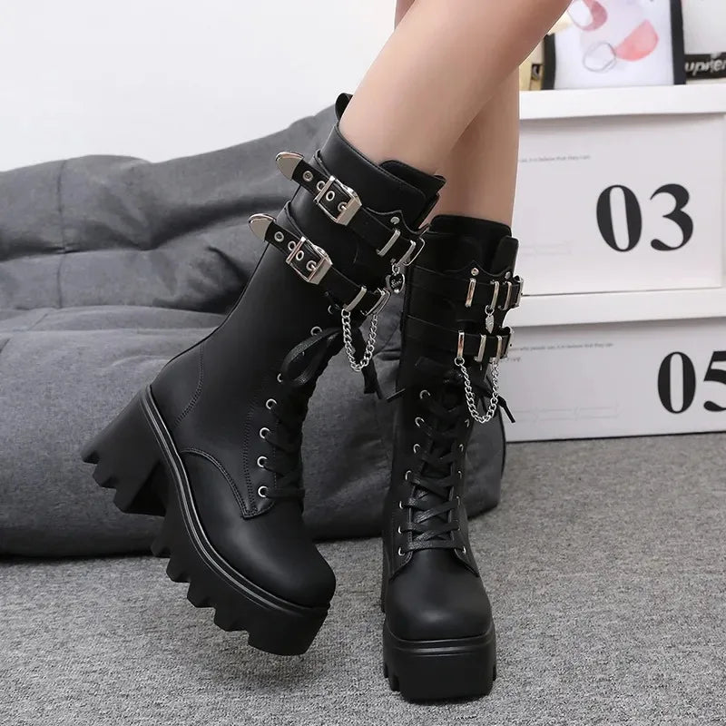 Women's Punk Gothic Boots 2023 Fashion Buckle Chain High Heels Mid Calf Boots Women Black Pu Leather Plus Size 42 Autumn Botas