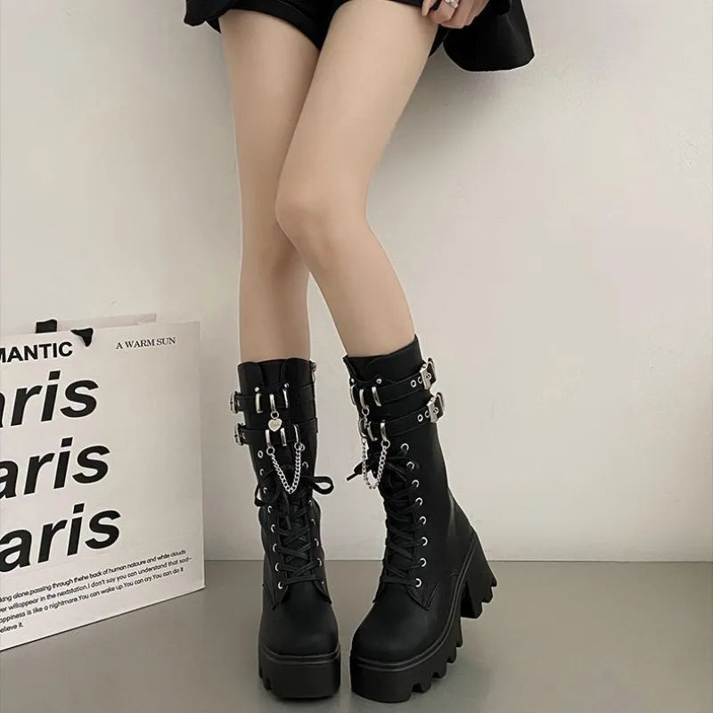 Women's Punk Gothic Boots 2023 Fashion Buckle Chain High Heels Mid Calf Boots Women Black Pu Leather Plus Size 42 Autumn Botas