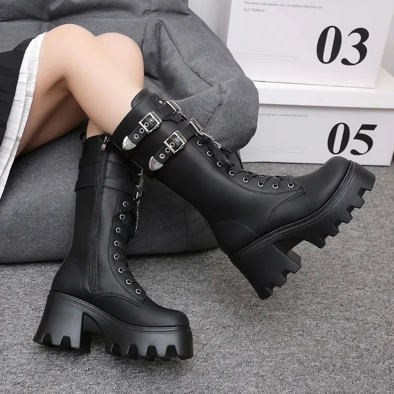 Women's Punk Gothic Boots 2023 Fashion Buckle Chain High Heels Mid Calf Boots Women Black Pu Leather Plus Size 42 Autumn Botas