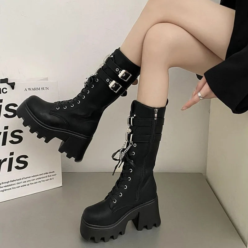 Women's Punk Gothic Boots 2023 Fashion Buckle Chain High Heels Mid Calf Boots Women Black Pu Leather Plus Size 42 Autumn Botas