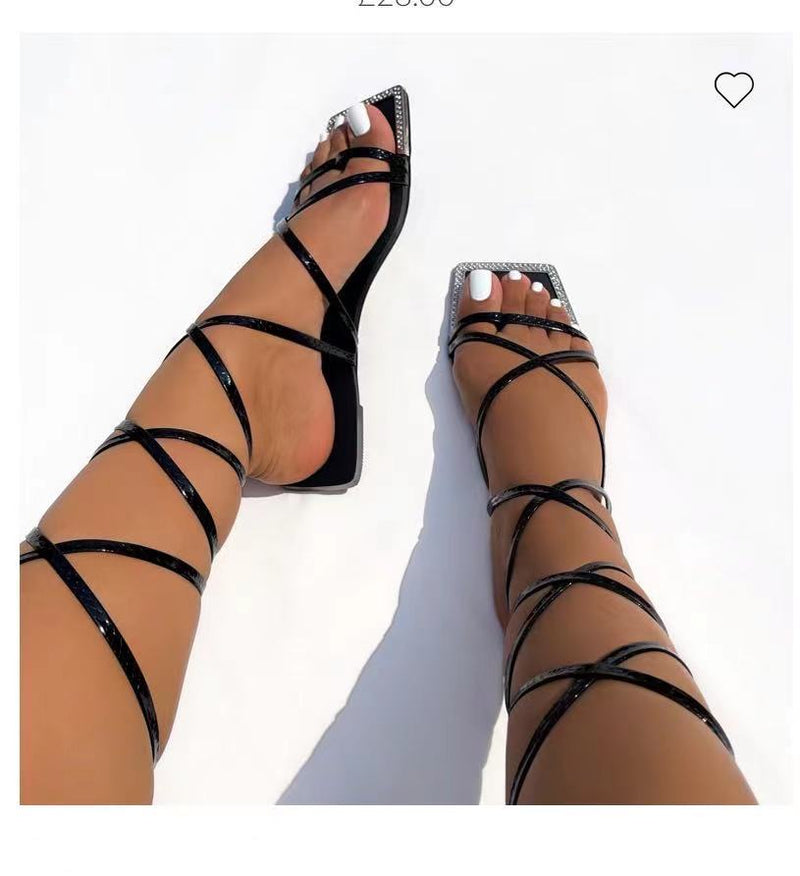 2023NEW Summer Women's Shoes Fashion Open Toe Flat Sandals Sexy Solid Color Lace Up Women's Shoes Plus Size 42