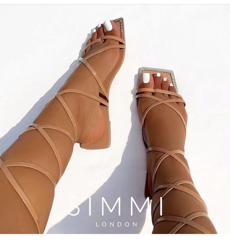 2023NEW Summer Women's Shoes Fashion Open Toe Flat Sandals Sexy Solid Color Lace Up Women's Shoes Plus Size 42