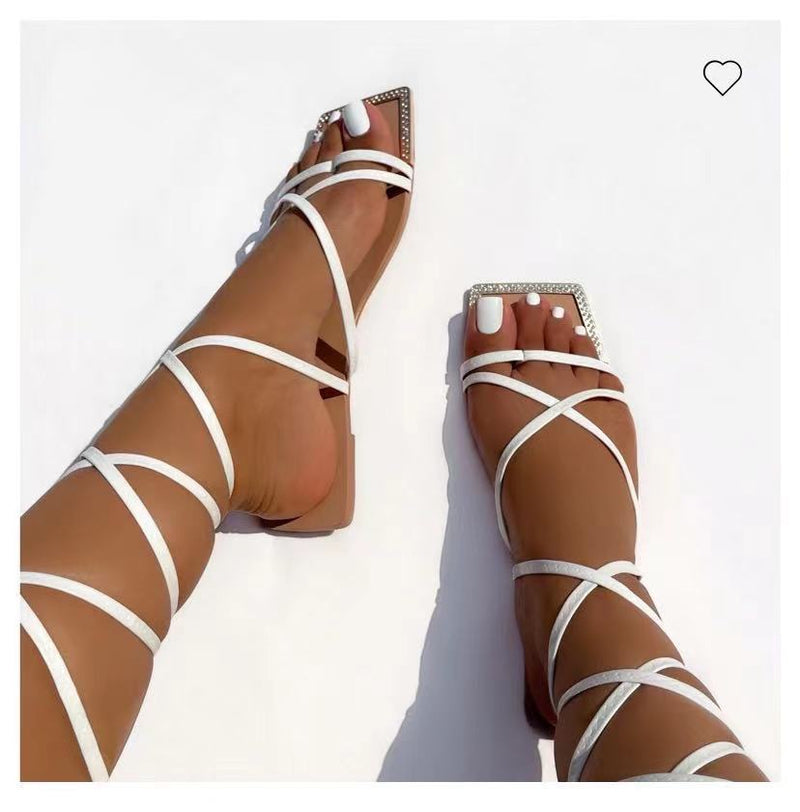 2023NEW Summer Women's Shoes Fashion Open Toe Flat Sandals Sexy Solid Color Lace Up Women's Shoes Plus Size 42