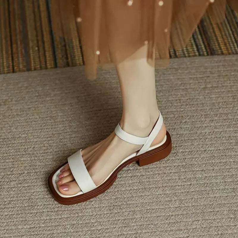 2025 Summer Women Sandals Low Heels Basic Genuine Leather Office Plus Size 35-42 Ladies Casual Outdoor Concise Woman Shoes