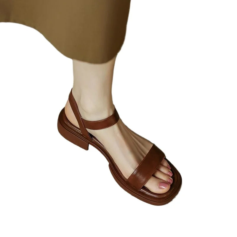 2025 Summer Women Sandals Low Heels Basic Genuine Leather Office Plus Size 35-42 Ladies Casual Outdoor Concise Woman Shoes