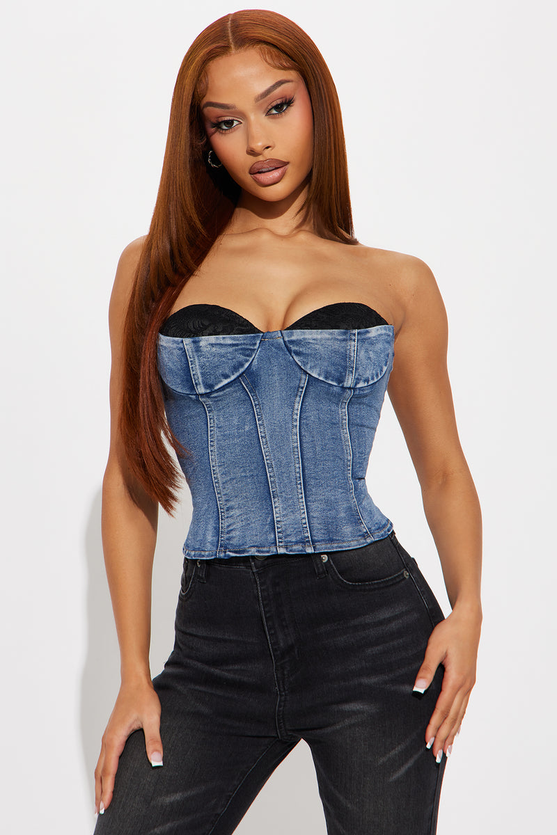 Caught In Action Denim Corset Top - Light Wash