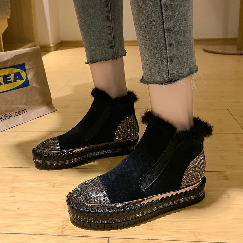 Women's Winter Snow Boots - Plus Size Fashion Platform Ankle Boots with Velvet Lining, Warm Chelsea Style Shoes