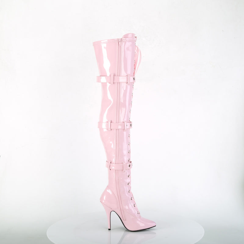 Seduce-3028 Baby Pink Triple Buckle Thigh-High Boots