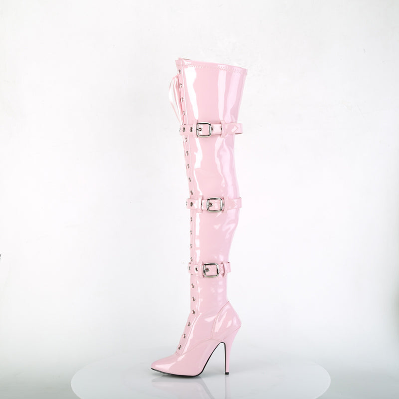 Seduce-3028 Baby Pink Triple Buckle Thigh-High Boots