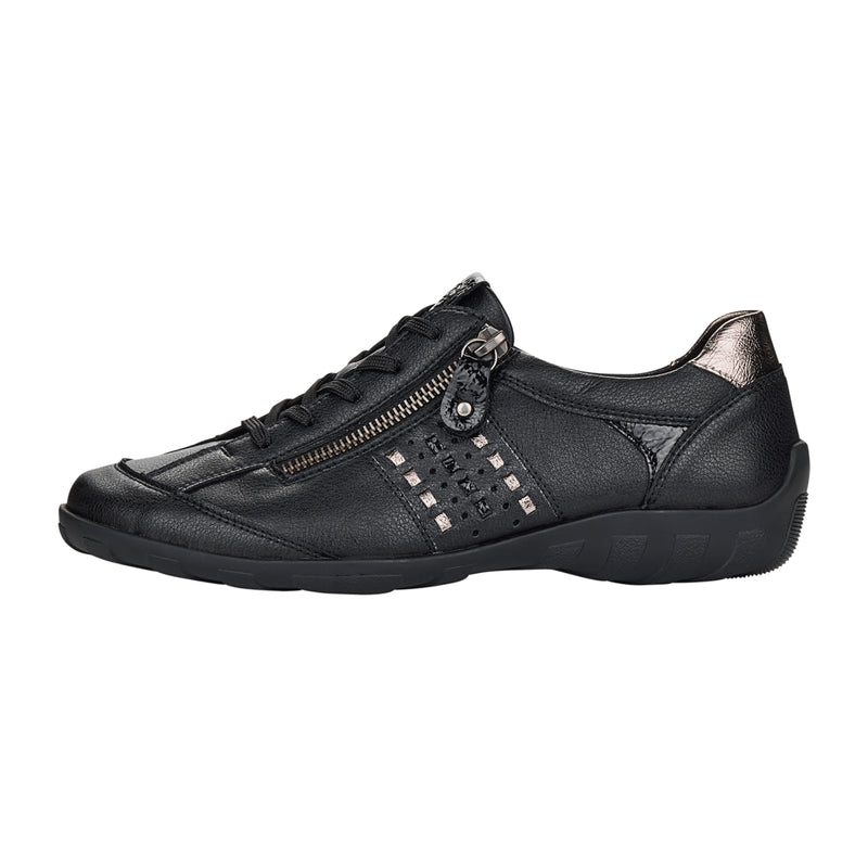 Remonte Women's Black Leather Lace-Up Shoes with Zipper and Cushioned Insole