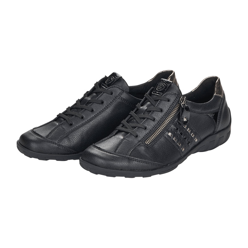 Remonte Women's Black Leather Lace-Up Shoes with Zipper and Cushioned Insole