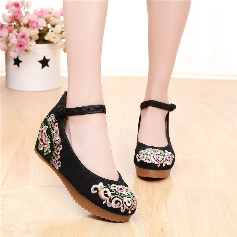 Tiarra Oriental Embroidery Maryjanes Wedges Covered Toes Shoes (Cream, Blue, Black)