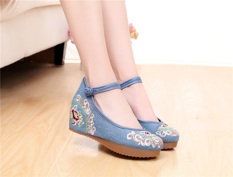 Tiarra Oriental Embroidery Maryjanes Wedges Covered Toes Shoes (Cream, Blue, Black)