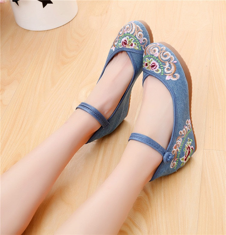 Tiarra Oriental Embroidery Maryjanes Wedges Covered Toes Shoes (Cream, Blue, Black)