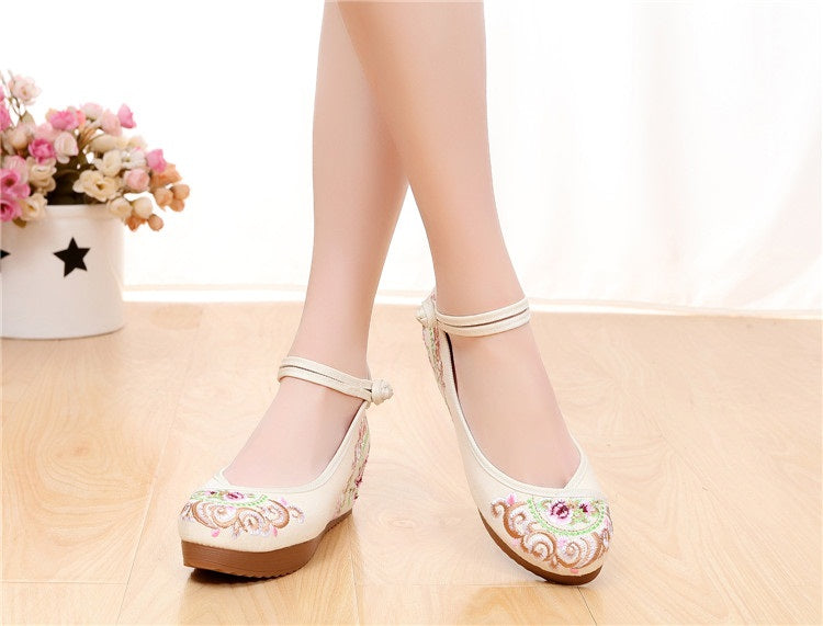 Tiarra Oriental Embroidery Maryjanes Wedges Covered Toes Shoes (Cream, Blue, Black)
