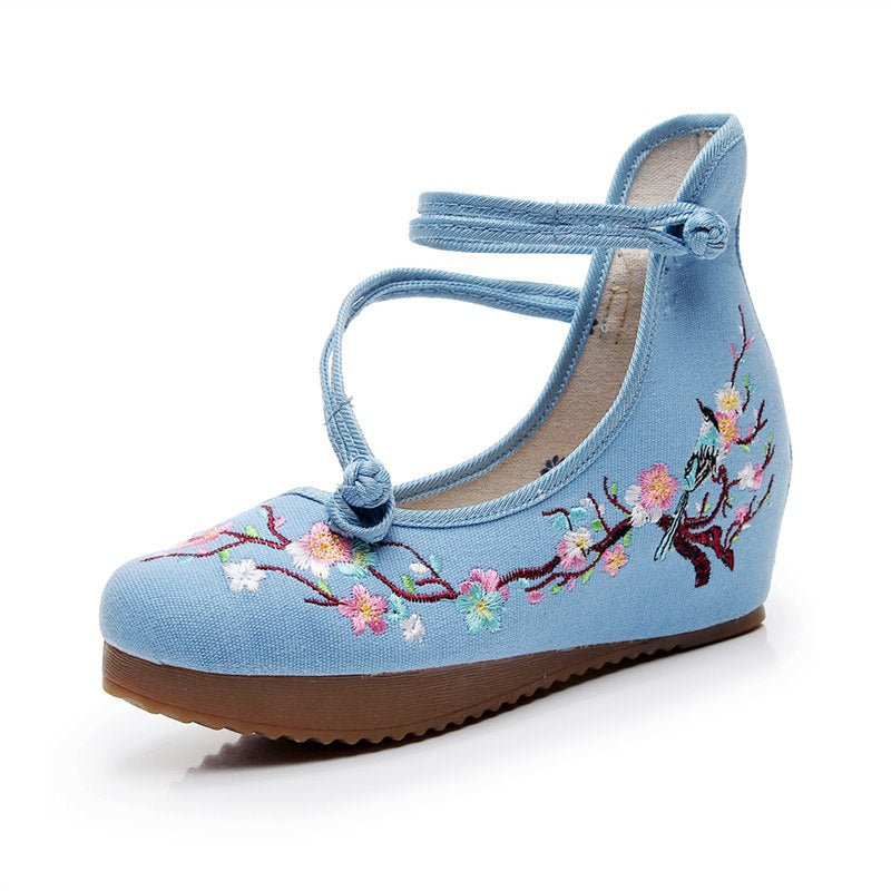 Tiera Oriental Embroidery Criss Cross Maryjanes Wedges Covered Toes Shoes (Cream, Blue)