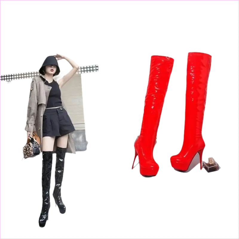Shiny Black Patent Leather Knee Platform Stiletto Boots