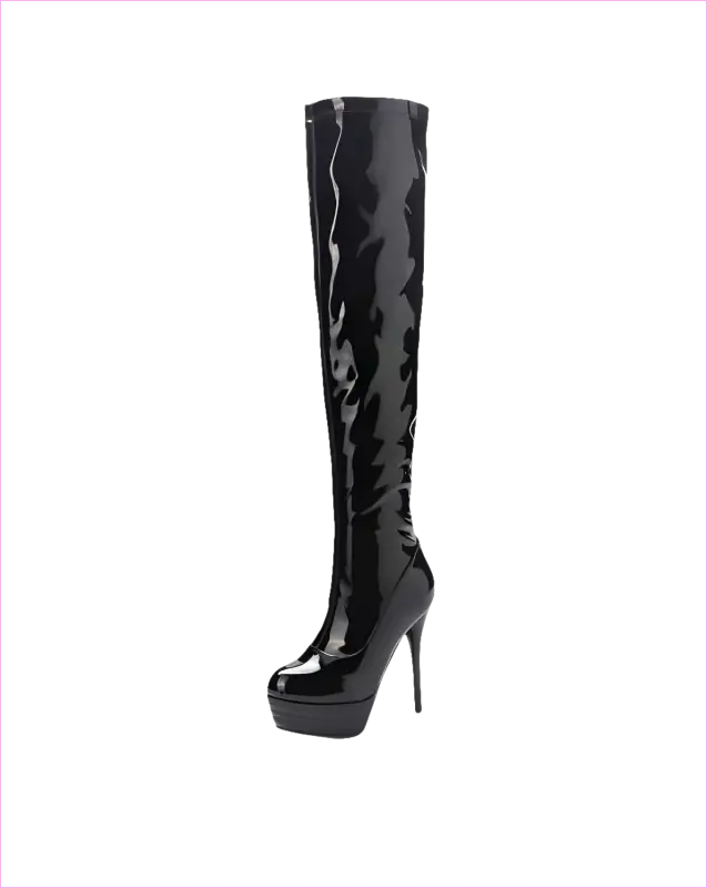 Shiny Black Patent Leather Knee Platform Stiletto Boots