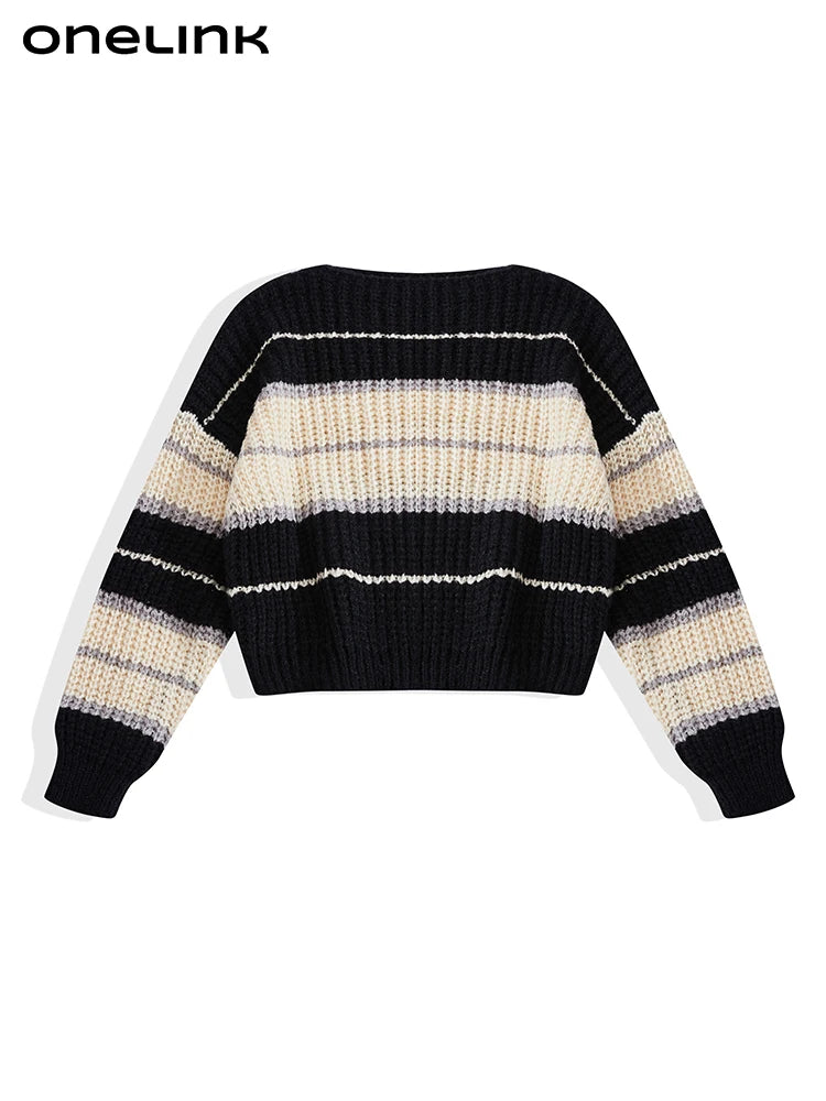 ONELINK Angora Wool Mohair Plus Size Women Autumn Winter Pullover Sweater Slash Neck Black Beige Wide Strips Oversize Clothing